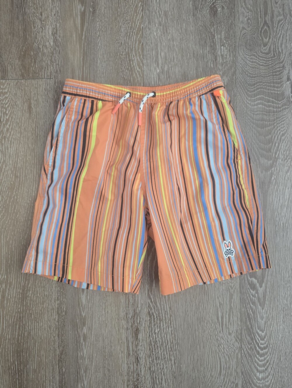 Psycho Bunny Orange Multicolor Striped Kids Swim Trunks